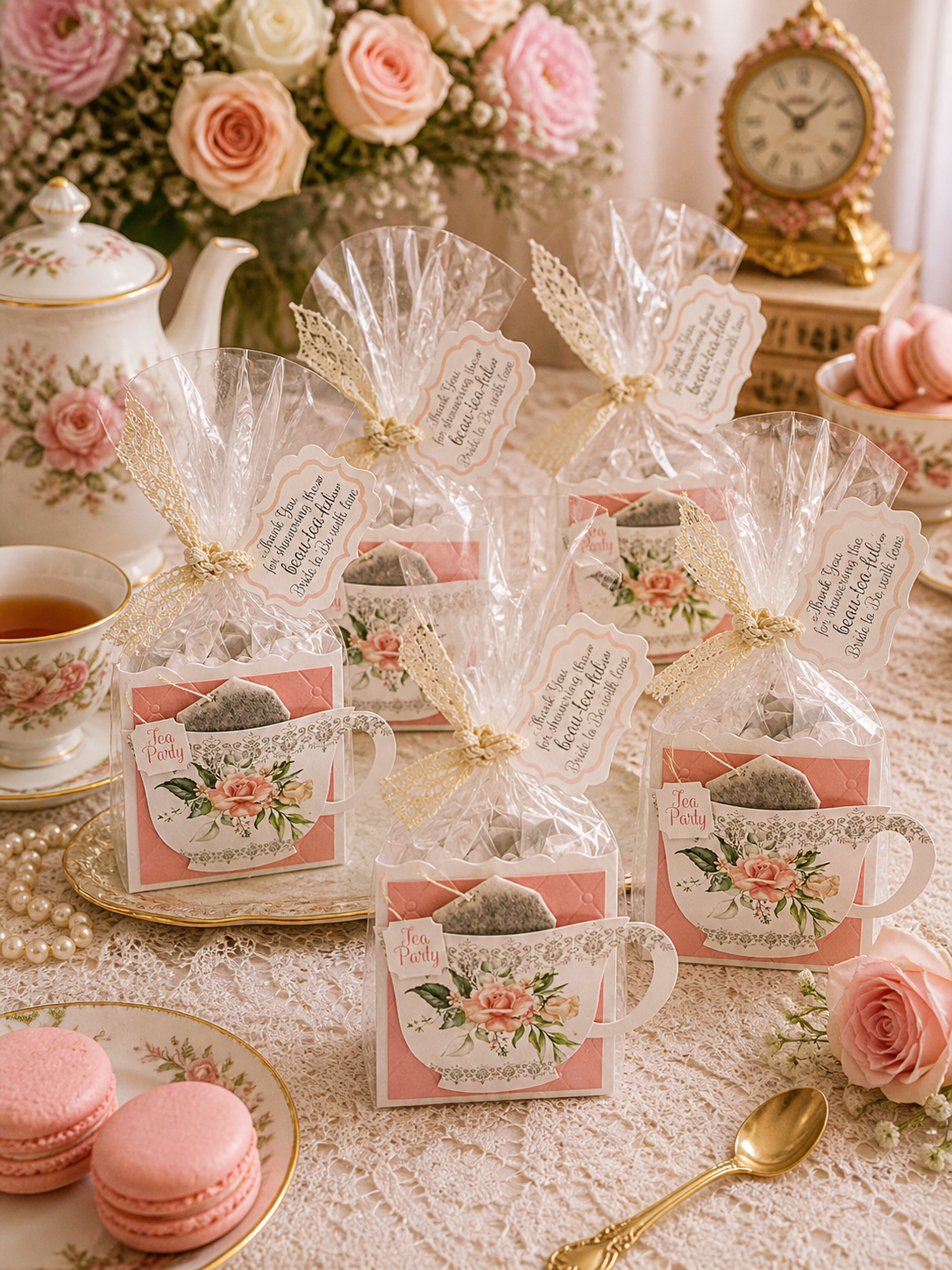 Beau-tea-ful Pink Rose Tea Party Favor Gift Box & Bag for Wedding Bridal Shower Baby Shower Birthday or special event adult