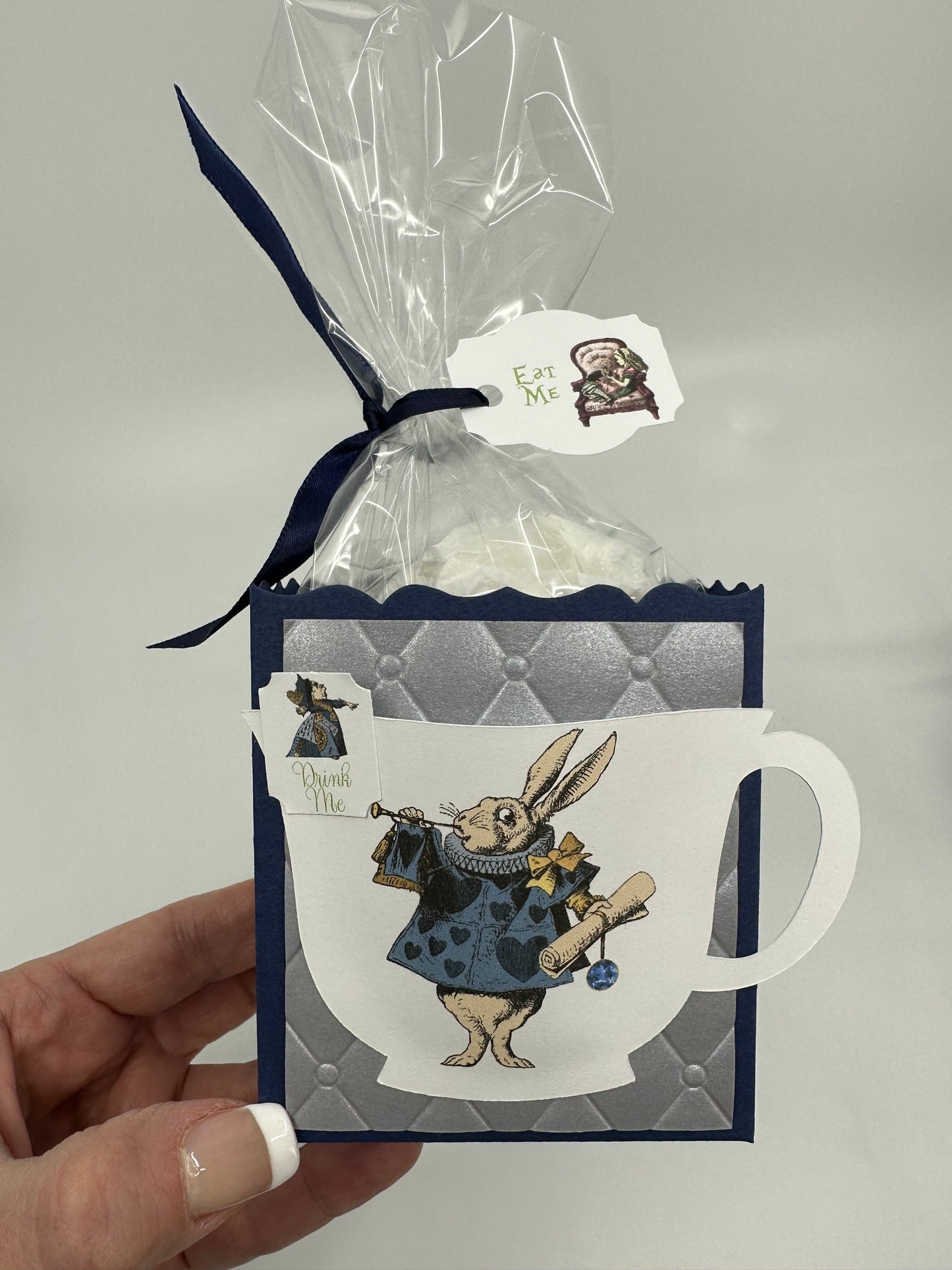 Mad Hatter Alice in Wonderland Party Favors - Navy Blue and Silver Fill My Teacup set of 7