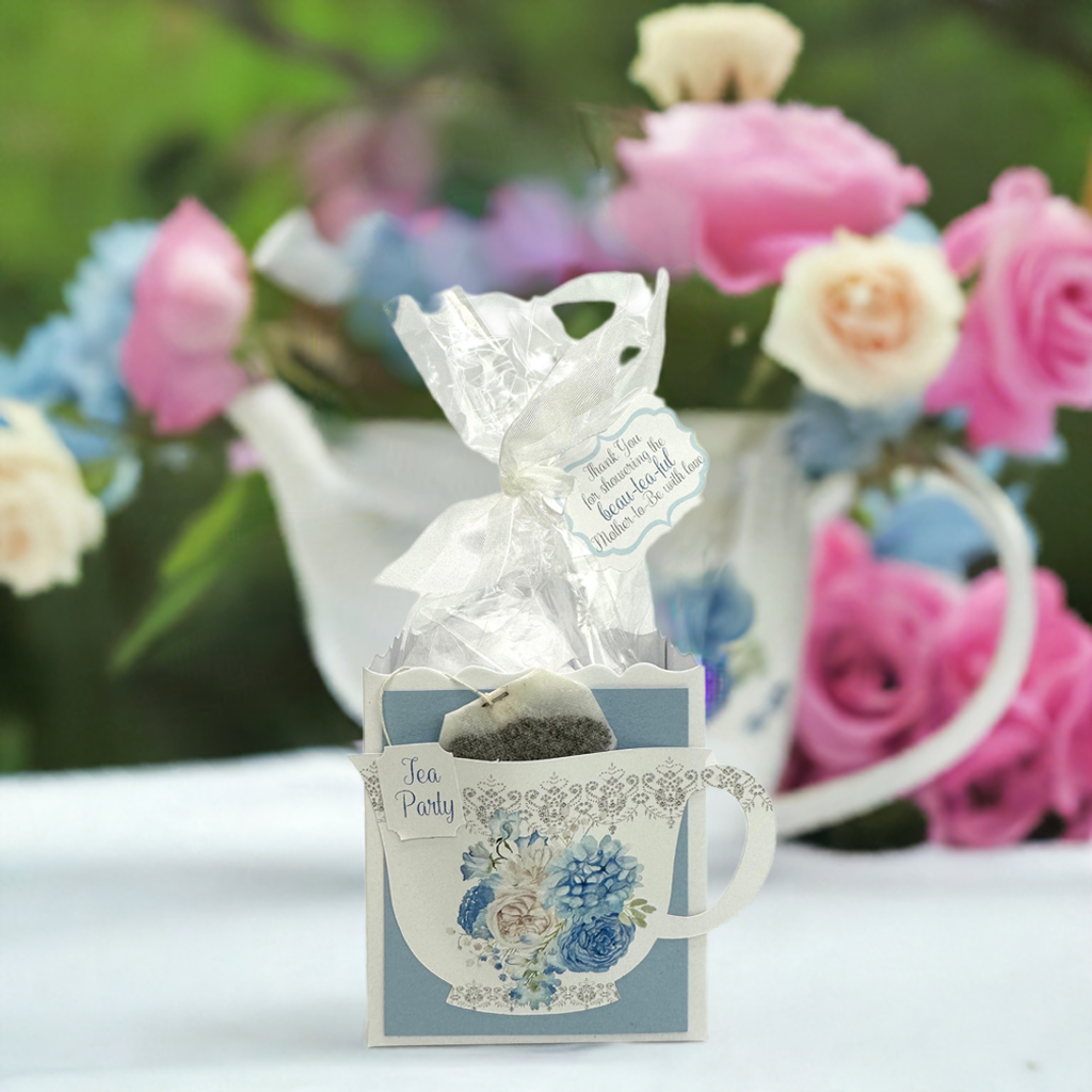 Beau-tea-ful Sky Blue 4 Tea Party Favor Box & Bag Wedding Bridal Baby Shower Birthday Special Corporate Event Planning Mother's Day 80th