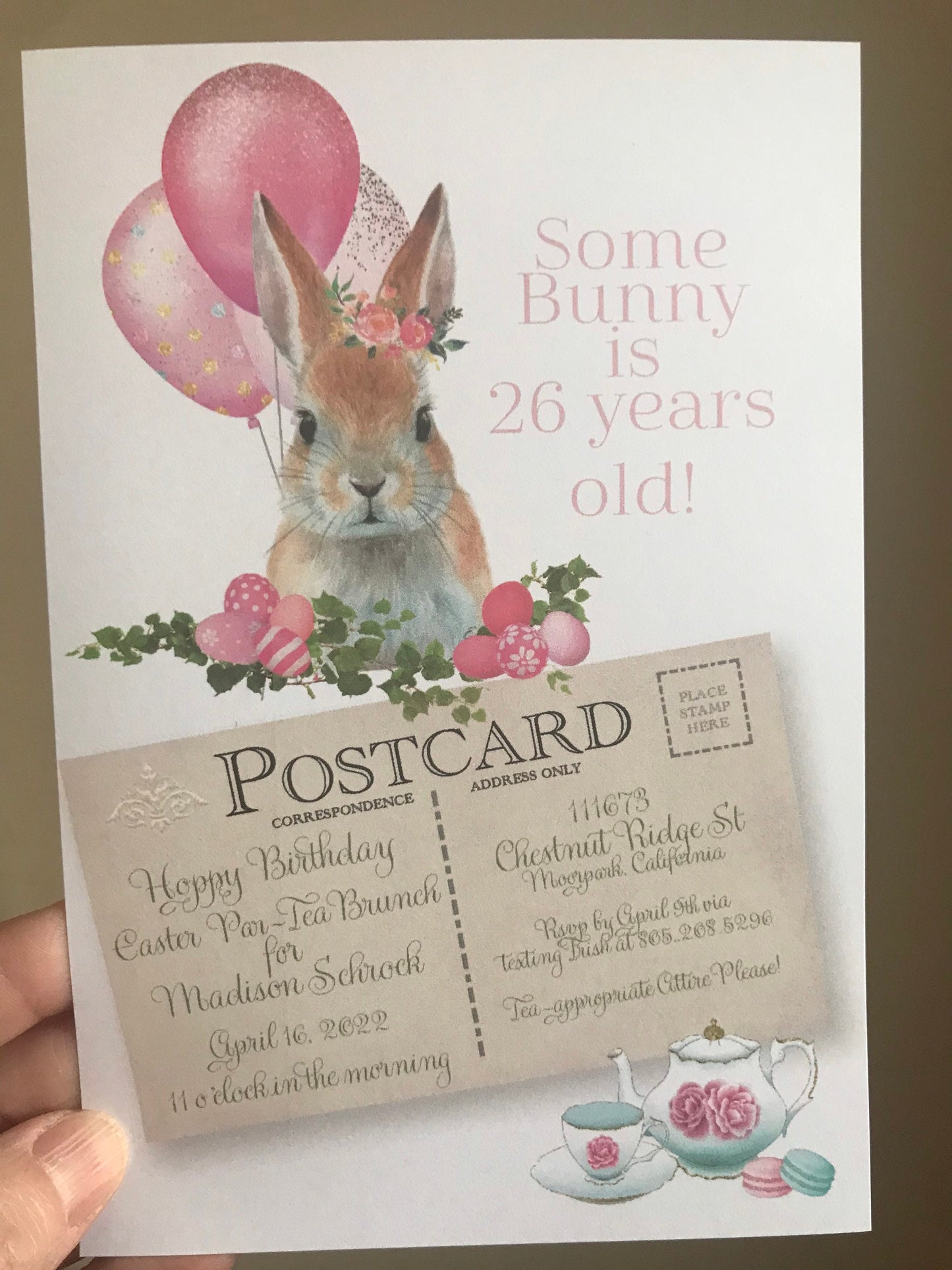 Hoppy Birthday Easter ParTea Ensemble with Invitation Tea Party Favor Gift Box & Bag place card Easter Sunday Bunny colored eggs basket