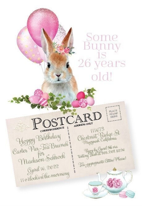 Hoppy Birthday Easter ParTea Ensemble with Invitation Tea Party Favor Gift Box & Bag place card Easter Sunday Bunny colored eggs basket