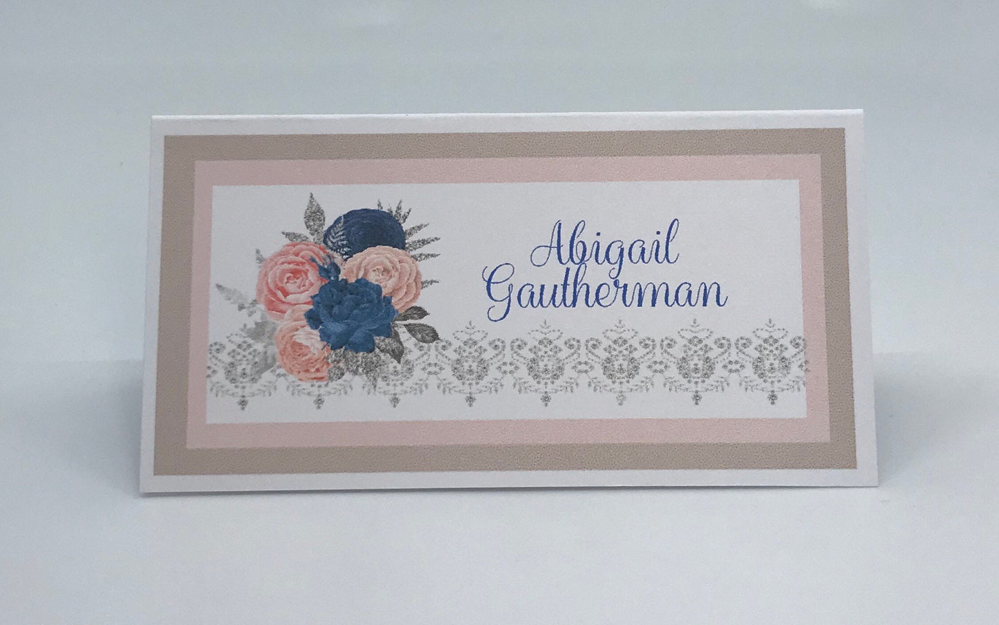 Navy Blue Pink Blush Silver Floral Bridal Shower Tea Party Set: Invitation, Menu, Favors