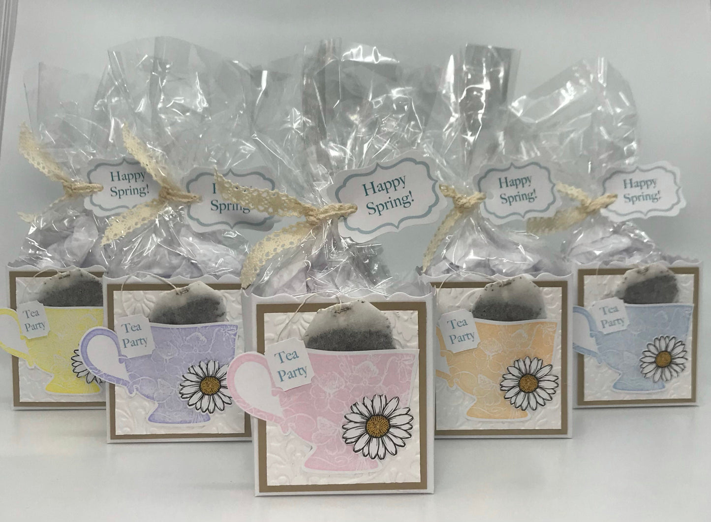 Set of 5 Pastel Happy Spring Daisy Easter Brewing Tea Party Favors with crumb cake matting for edibles or small gifts by Paper Fascinator