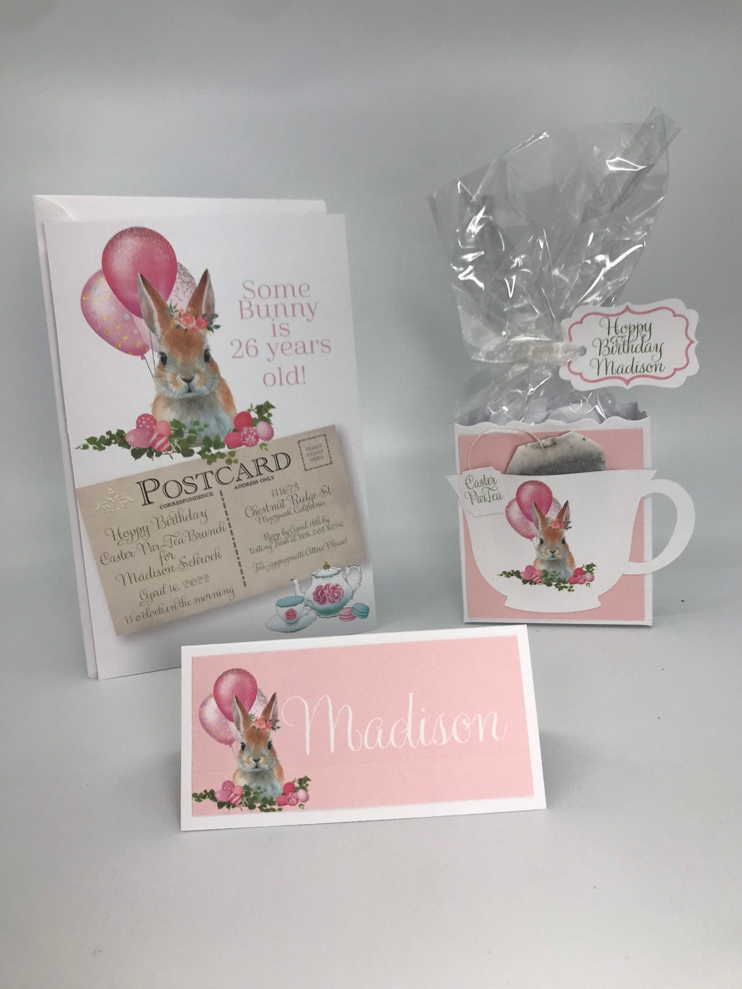 Hoppy Birthday Easter ParTea Ensemble with Invitation Tea Party Favor Gift Box & Bag place card Easter Sunday Bunny colored eggs basket