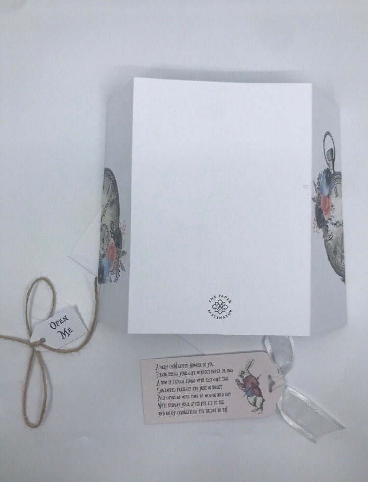 20 Gatefold Alice in Wonderland Invitations, 20 Bridal Shower tags and 20 Alice Party Favors in various pastel teacups