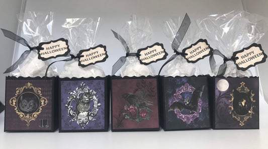 Macabre Spooky Halloween Party Favors box and bag to stuff with edibles or small gifts