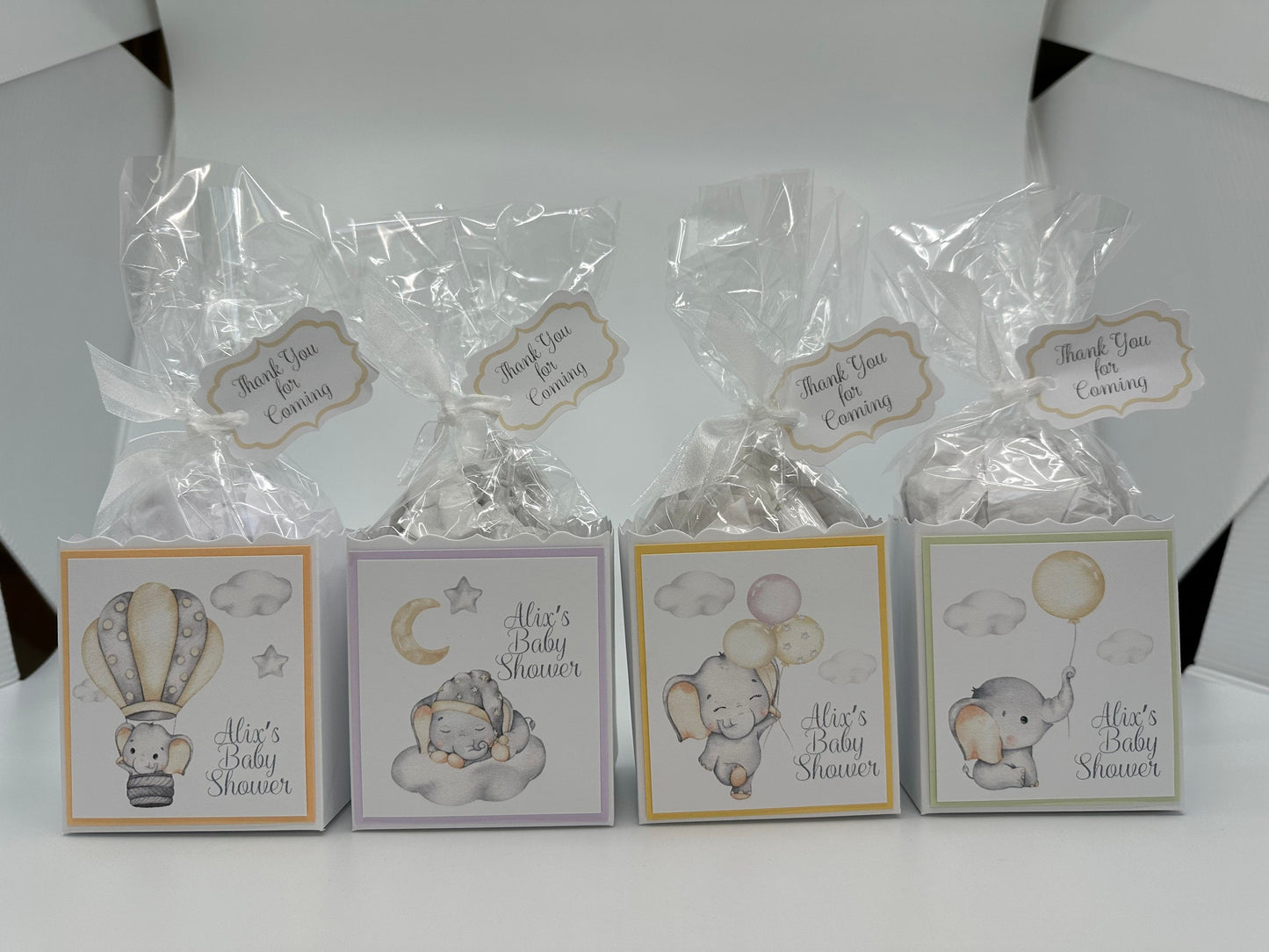 Set of 4 Baby Elephants Baby Shower Tea Party Favors Gift Box and Bag