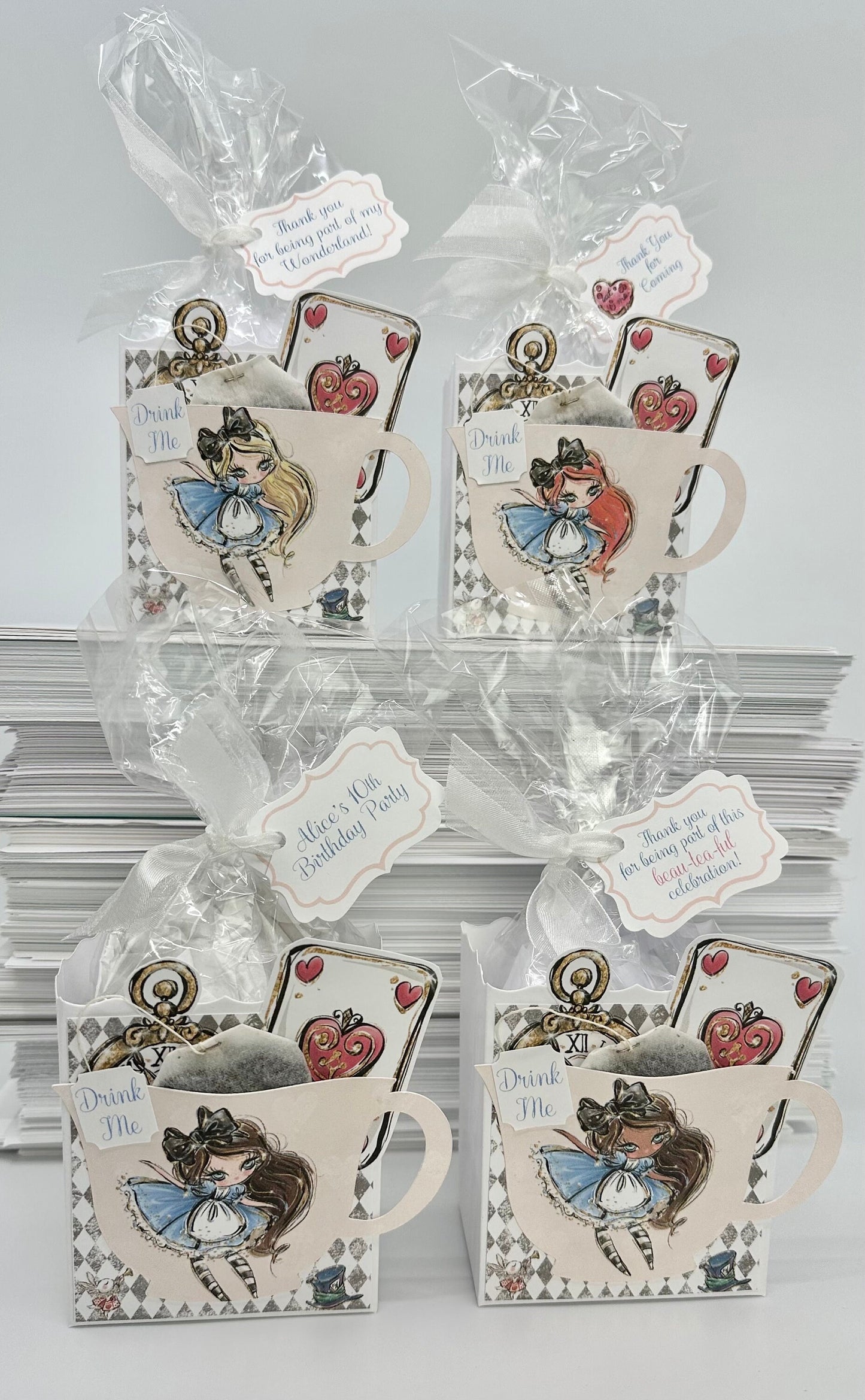 Alice in Wonderland Tea Party Favors Gift Box & Bag Magical Whimsical Enchanting Charming Quirky Keepsake Bridal Baby Shower Birthday Adult Child set of 4