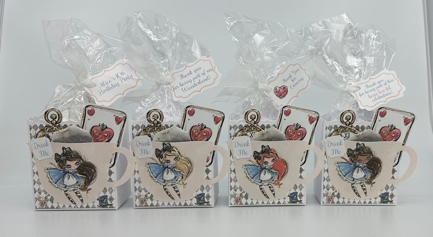 Alice in Wonderland Tea Party Favors Gift Box & Bag Magical Whimsical Enchanting Charming Quirky Keepsake Bridal Baby Shower Birthday Adult Child set of 4