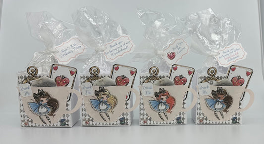 Alice in Wonderland Tea Party Favors Gift Box & Bag Magical Whimsical Enchanting Charming Quirky Keepsake Bridal Baby Shower Birthday Adult Child set of 4
