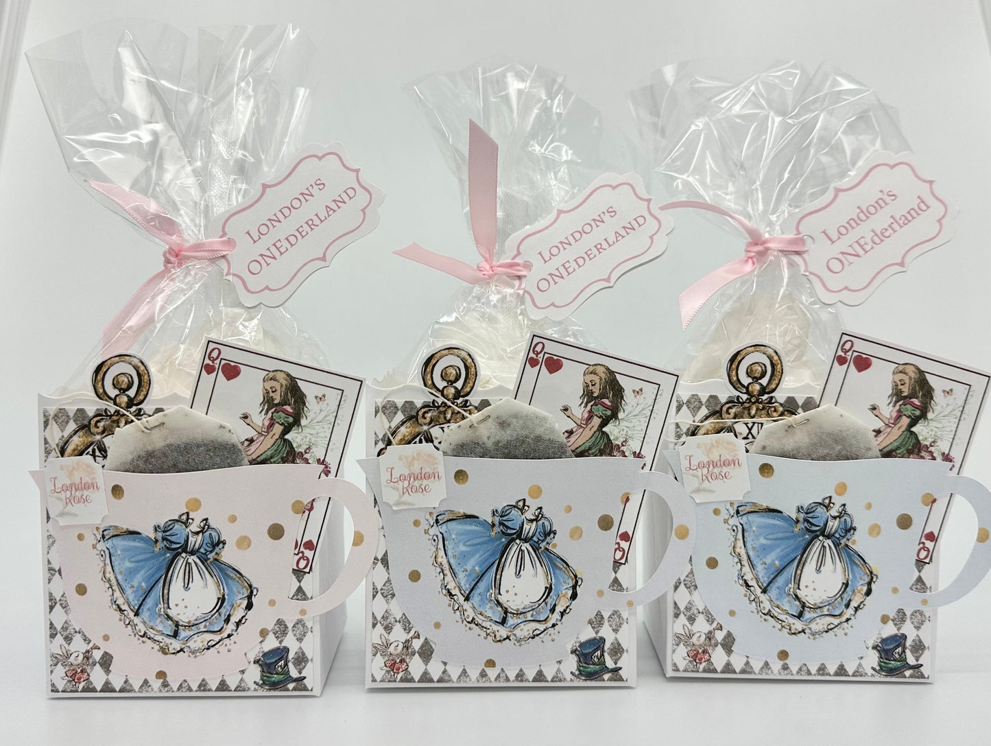Set of 3 - Gold polka dot Shabby Chic Alice in Wonderland Tea Party Favors Gift Box & Bag - pink, purple and blue birthday baby shower
