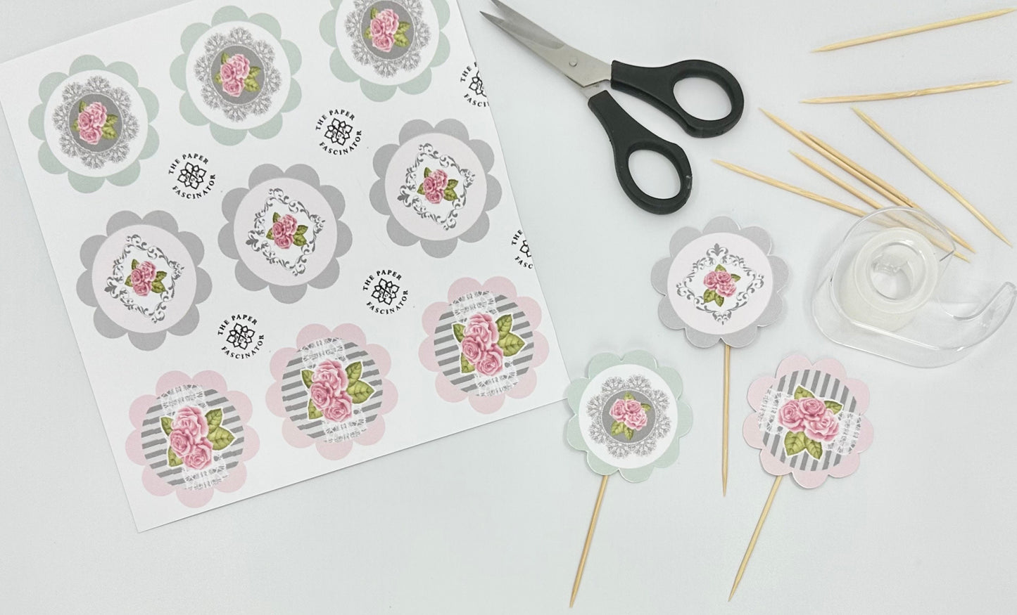 Tea Party Cupcake Toppers gift box tag London Rose Alice in Wonderland Ensemble