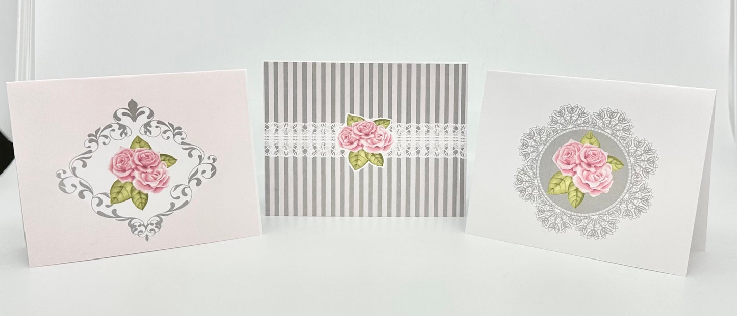 3 Blank London Rose Tea Party Note Greeting Cards
