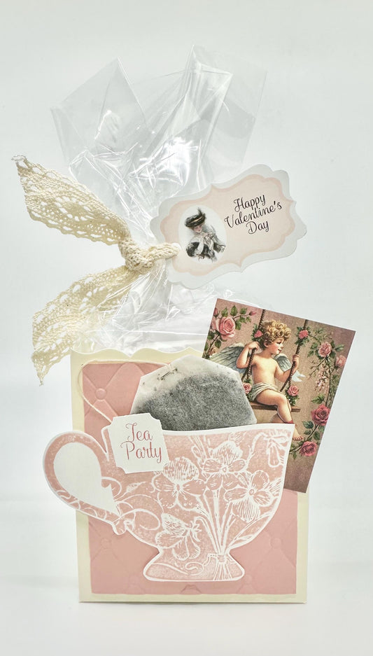 Happy Valentine’s Day Tea Party Favor - Pink Tea Cup with Cherub on swing card