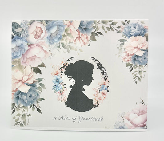 Victorian Silhouette Blue Pink & Cream Bouquet Tea Party Thank You Card
