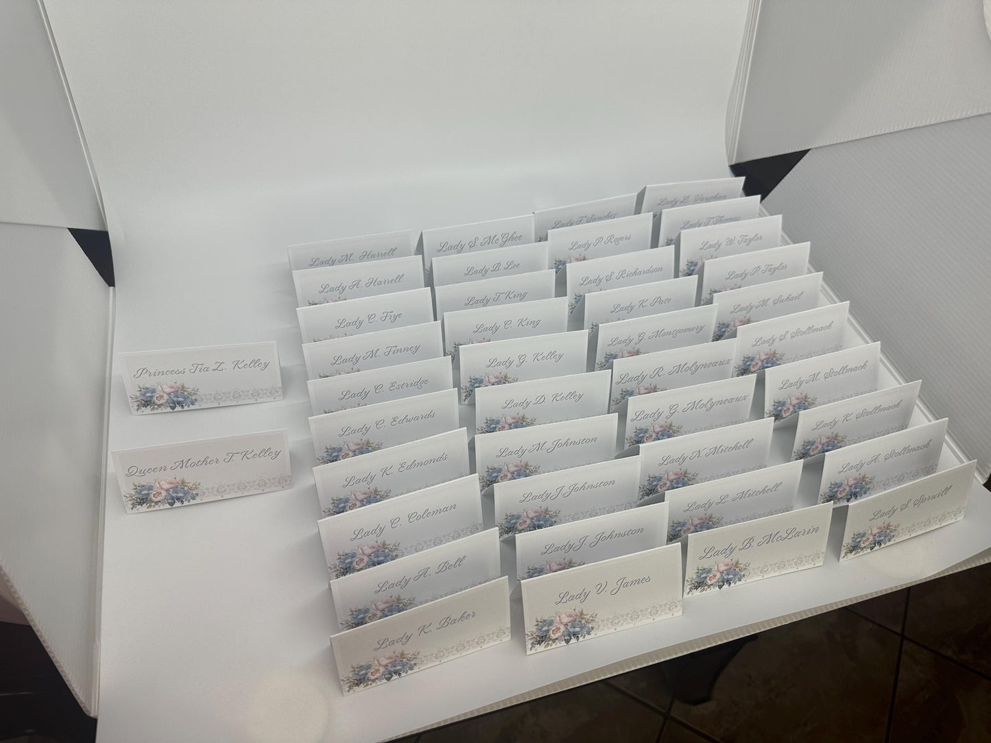 Pink Blue and Cream Victorian Tea Party Table Place cards