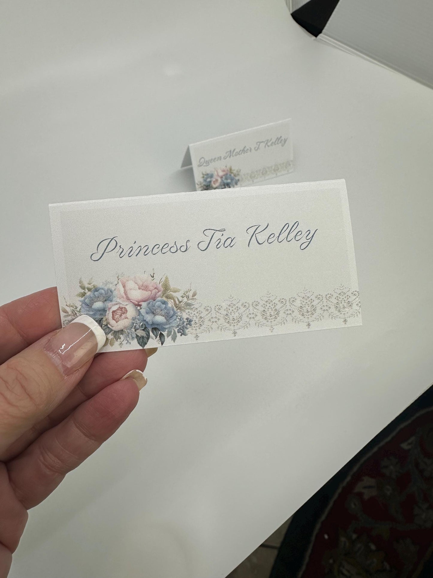 Pink Blue and Cream Victorian Tea Party Table Place cards