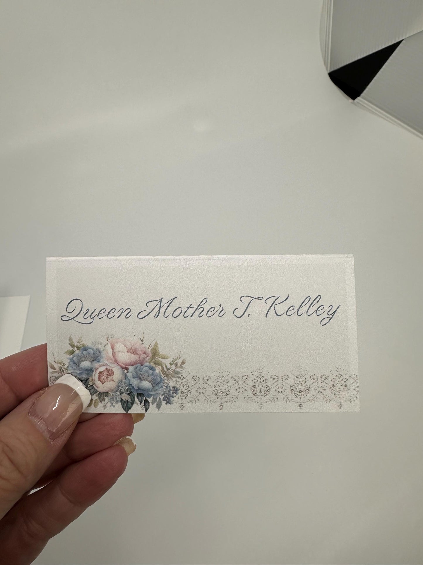 Pink Blue and Cream Victorian Tea Party Table Place cards