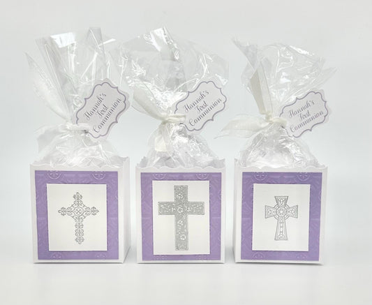 First Communion Party Favors - purple with choice of Rose Celtic or Baroque Cross