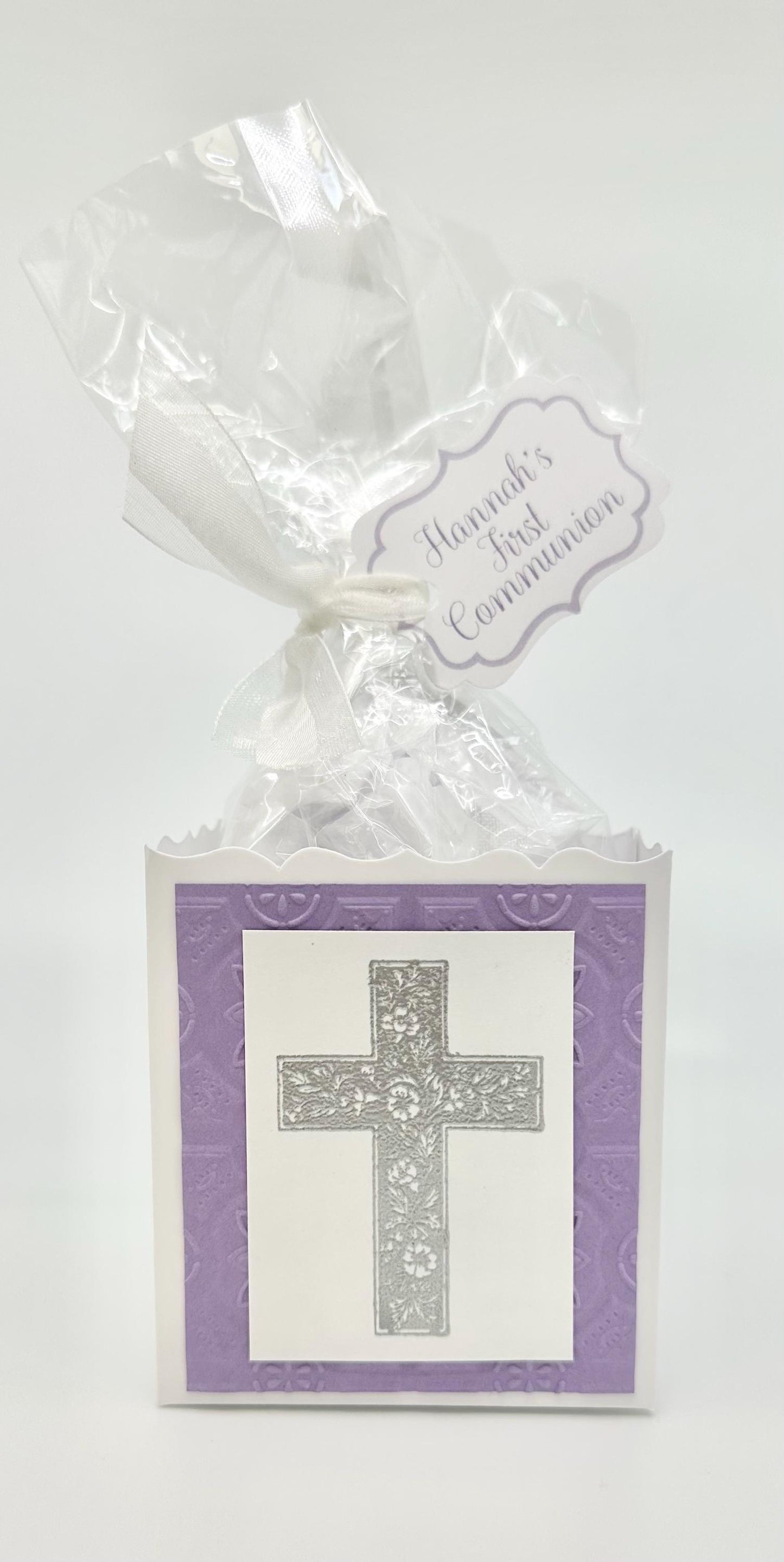 First Communion Party Favors - purple with choice of Rose Celtic or Baroque Cross to stuff with edibles or small gifts