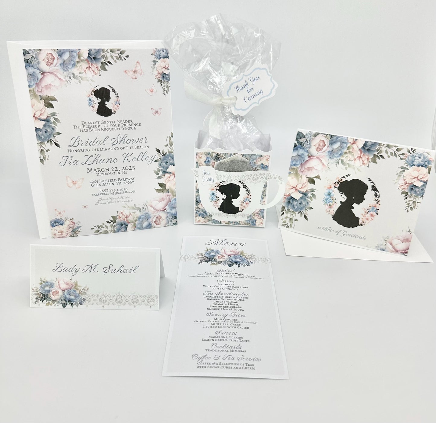 Victorian Silhouette Blue Pink & Cream Bouquet Tea Party Ensemble