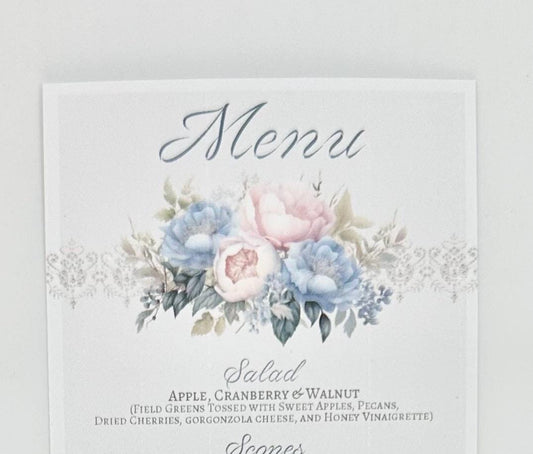 Victorian Blue Pink & Cream Bouquet Tea Party Menu