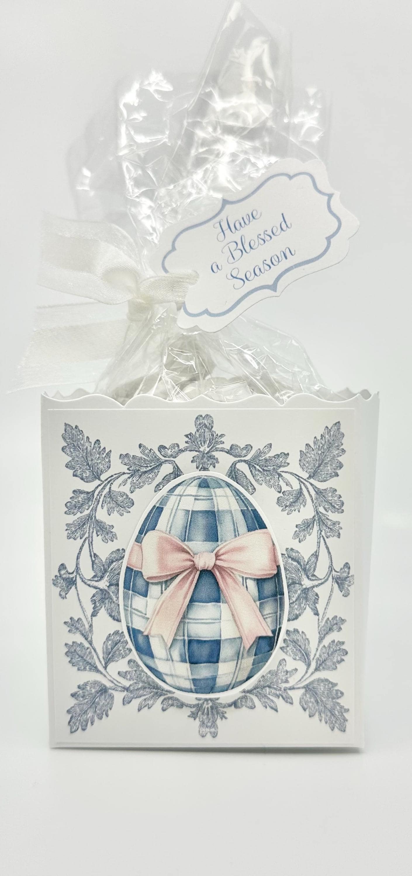 3-D Blue Toile with Pink Bow Easter Egg Gift Basket Box Bag Party Favor