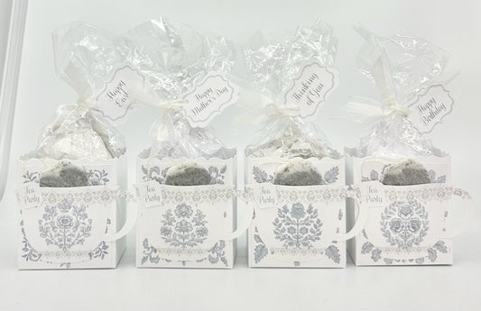 Four Parisian Blue Toile with diamond lace Tea Party Favors