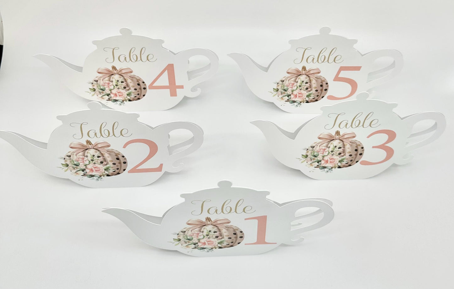 October Rose Pumpkin with Pink Bow and Roses Teapot Table Assignment Signs by Paper Fascinator for Bridal Baby Shower Birthday Events