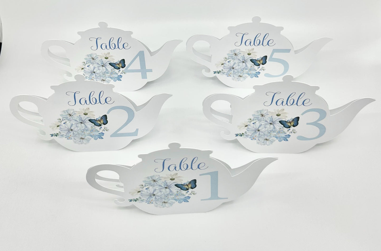 Blue Chiffon Bouquet with Butterfly Teapot Table Assignment Signs by Paper Fascinator for Bridal Baby Shower Birthday Events