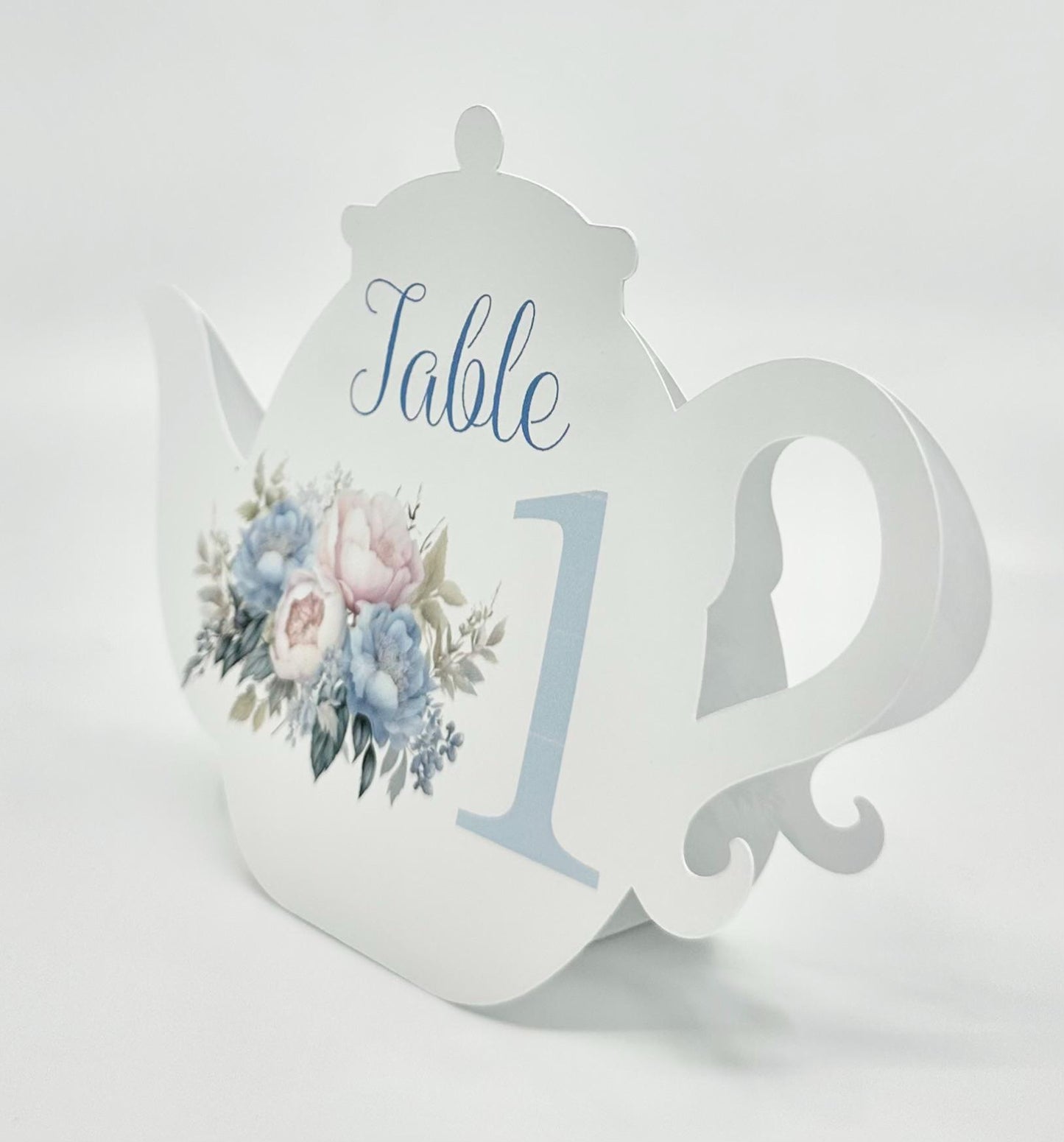 Blue Pink and Cream Victorian Bouquet Teapot Table Assignment Signs by Paper Fascinator for Bridal Baby Shower Birthday Events