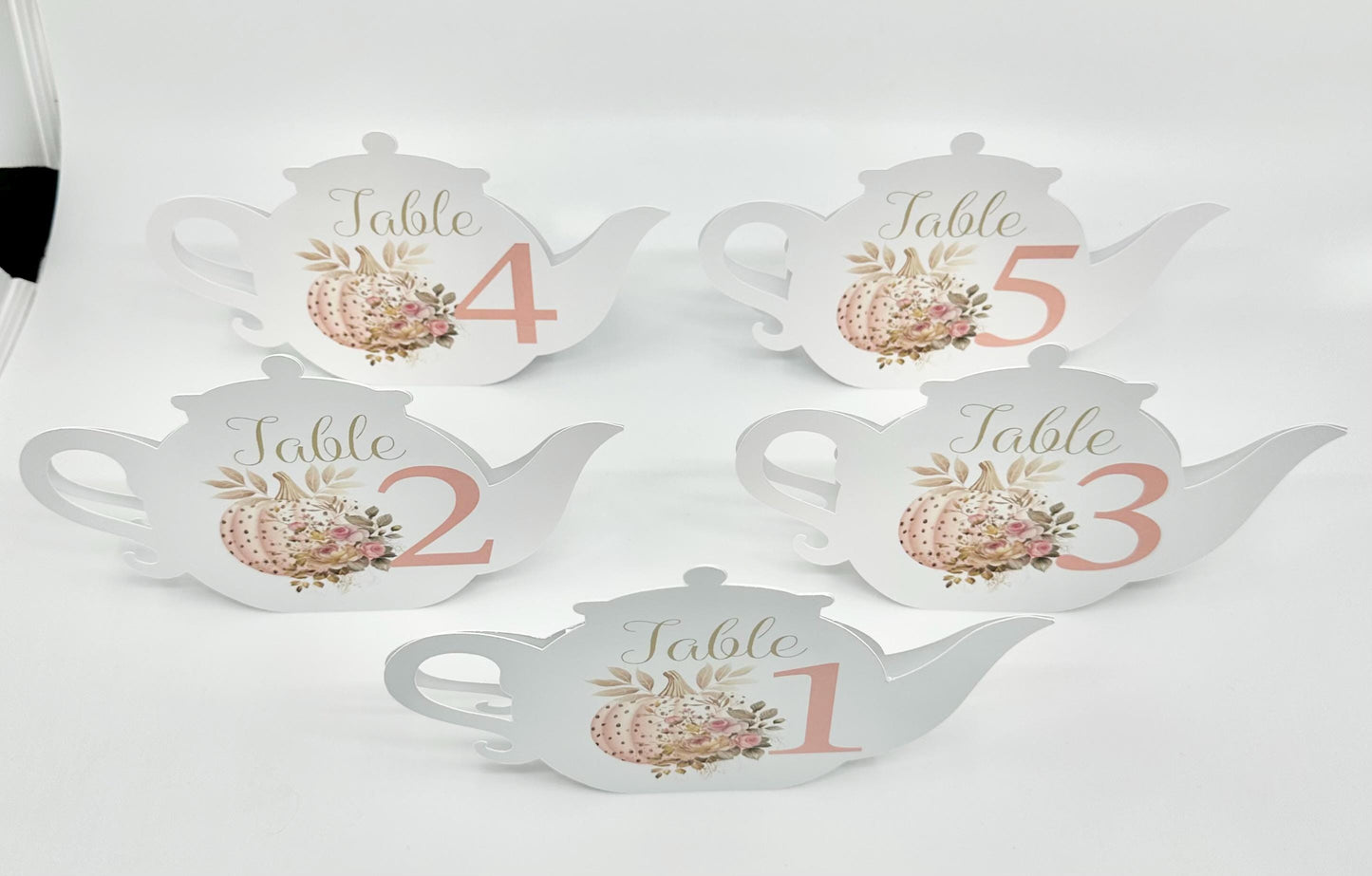 Rose Gold Pumpkin with Pink Roses Teapot Table Assignment Signs by Paper Fascinator for Bridal Baby Shower Birthday Events