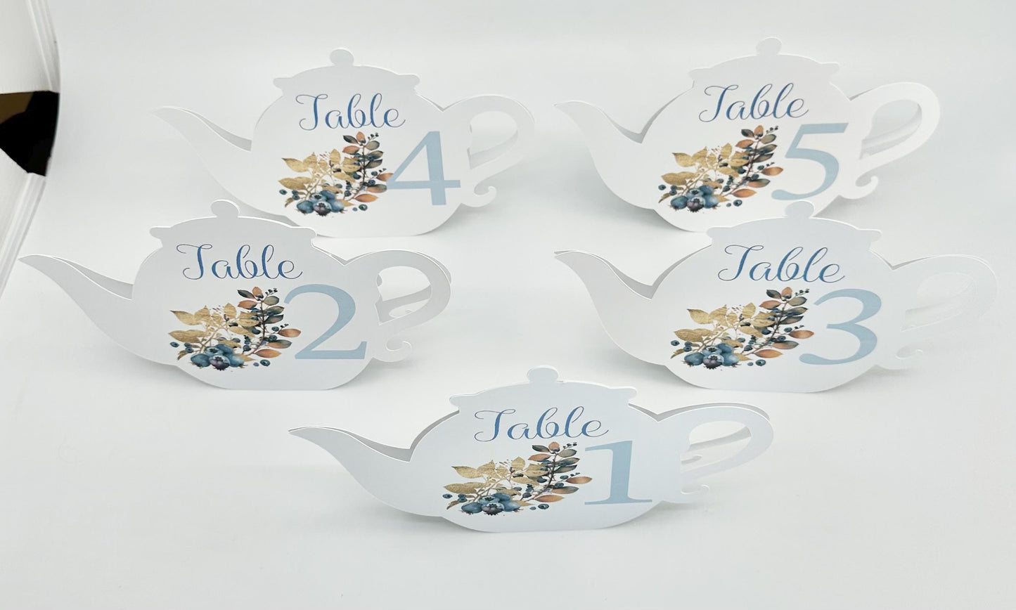Blueberry Teapot Table Assignment Signs by Paper Fascinator for Bridal Baby Shower Birthday Events