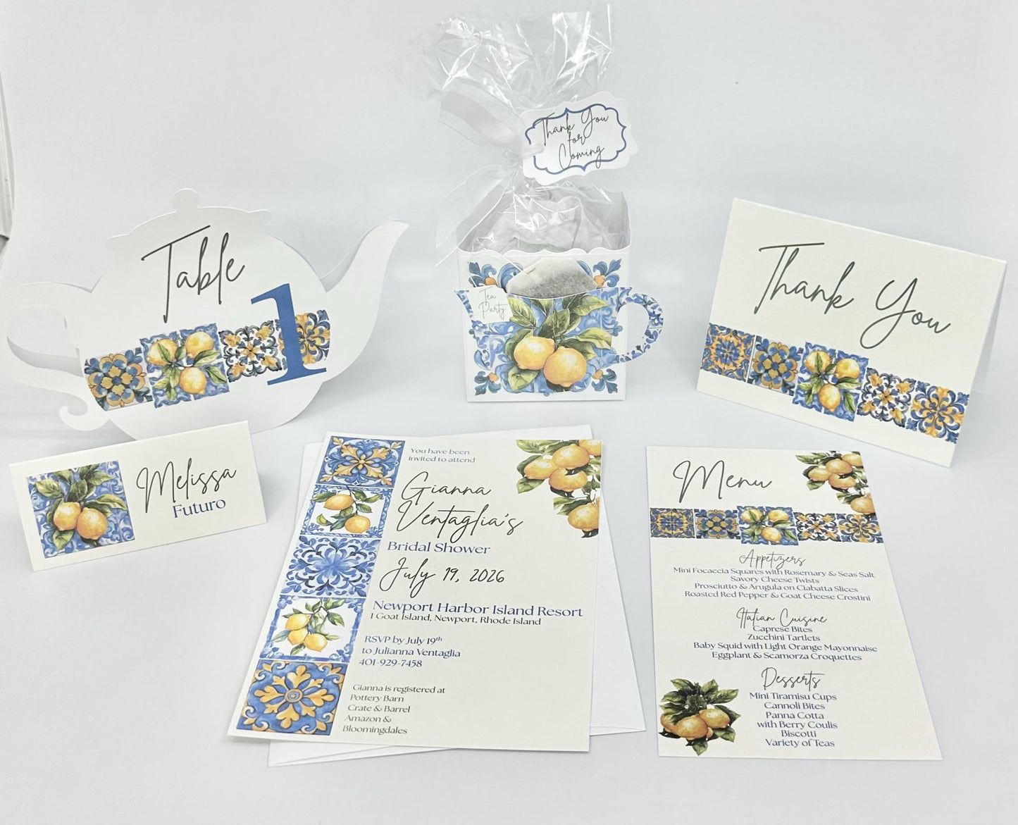 Amalfi Coast Lemons Cerulean Blue Tile Tea Party Favor Box Bag Bridal Shower Wedding