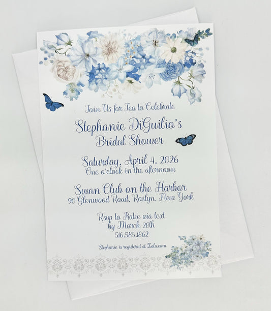 Beau-Tea-Ful Sky Blue Bouquets Tea Party Ensemble Invitation Favor Box Menu Place Card Bridal Baby Shower 80th Birthday Wedding Event plan