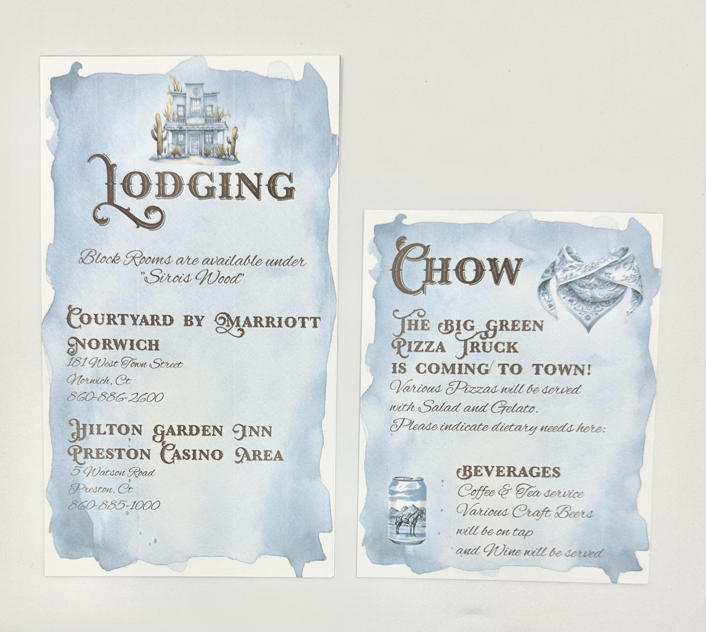DIY Blue Cowgirl Cowboy Gatefold Wedding Kit Ensemble blue and white wildflowers