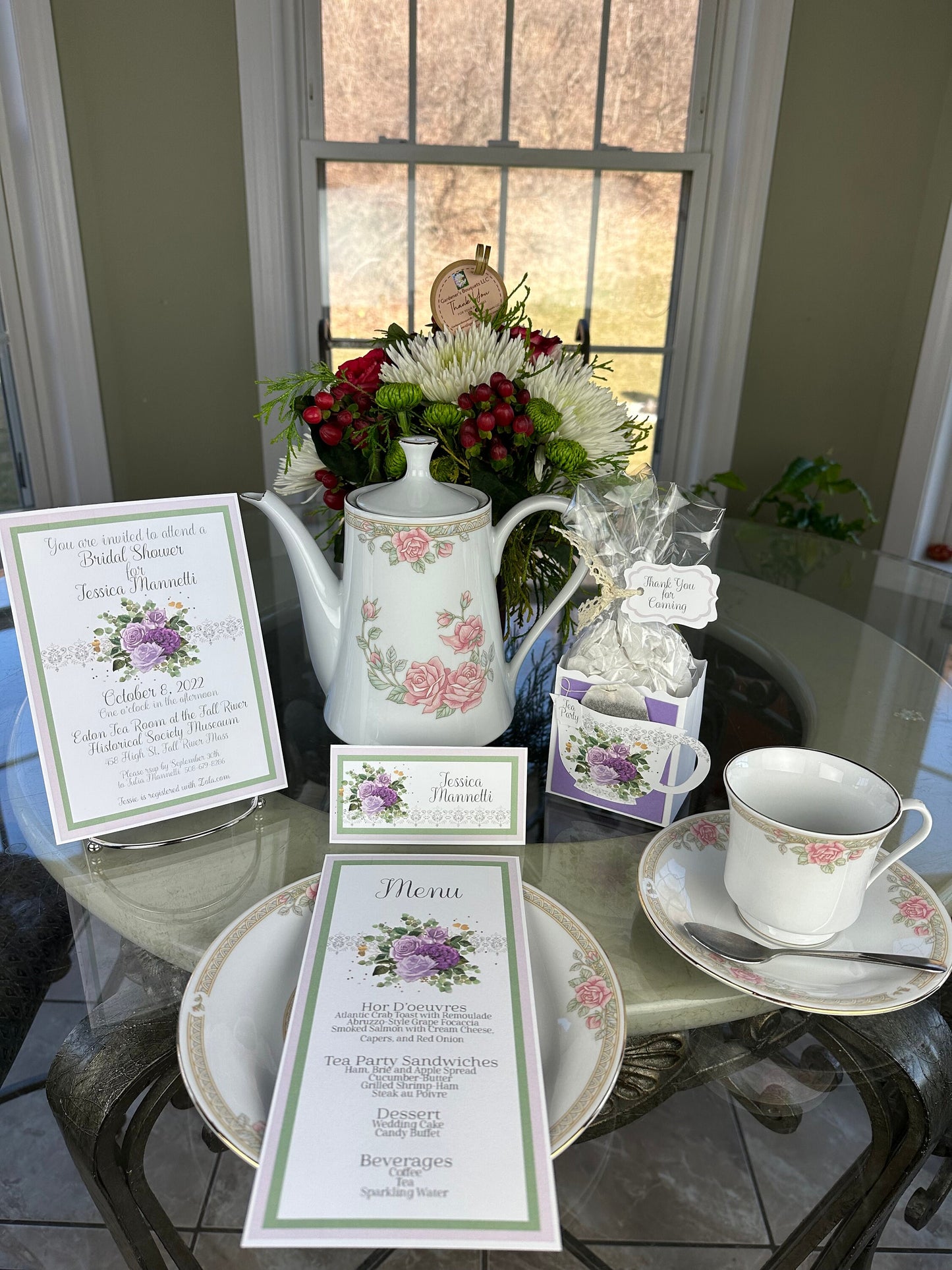 Purple Rose Eucalyptus and Sage Bouquet Wedding Bridal Shower Tea Party Ensemble with Invitation Menu Party Favor Gift Box & Bag Place Card