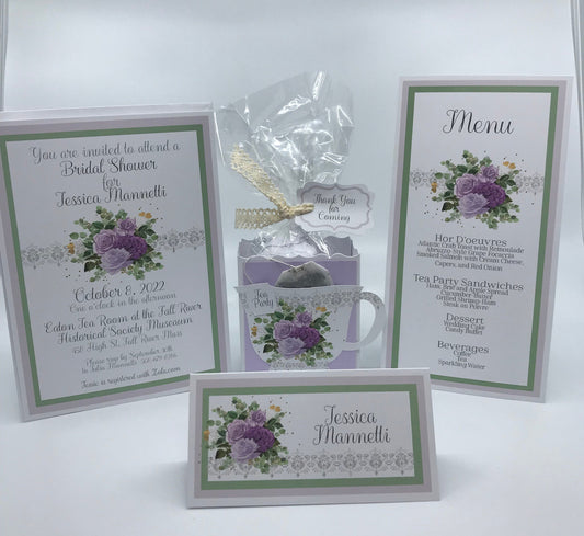 Purple Rose Eucalyptus and Sage Bouquet Wedding Bridal Shower Tea Party Ensemble with Invitation Menu Party Favor Gift Box & Bag Place Card