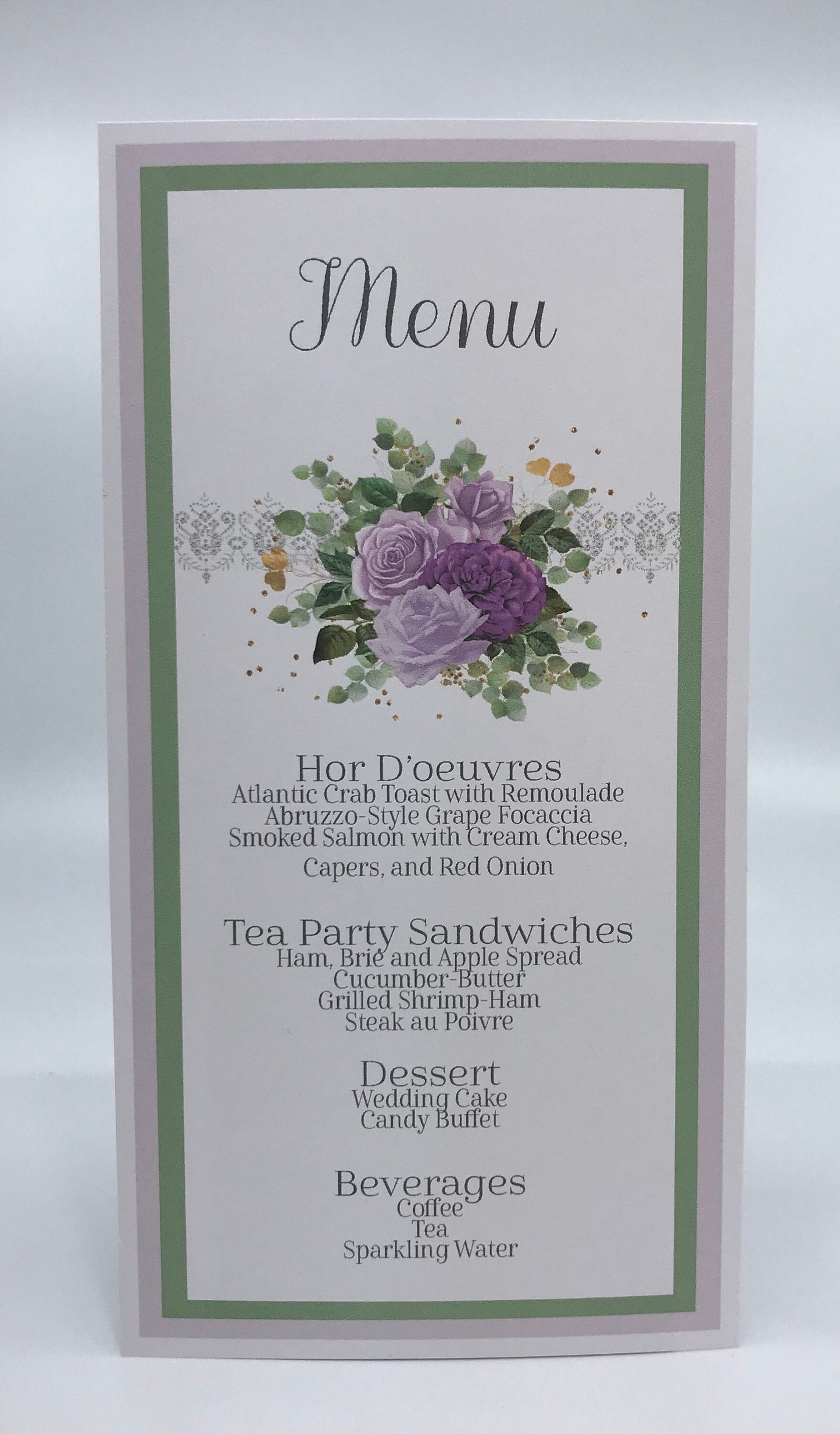 Purple Rose Eucalyptus and Sage Bouquet Wedding Bridal Shower Tea Party Ensemble with Invitation Menu Party Favor Gift Box & Bag Place Card