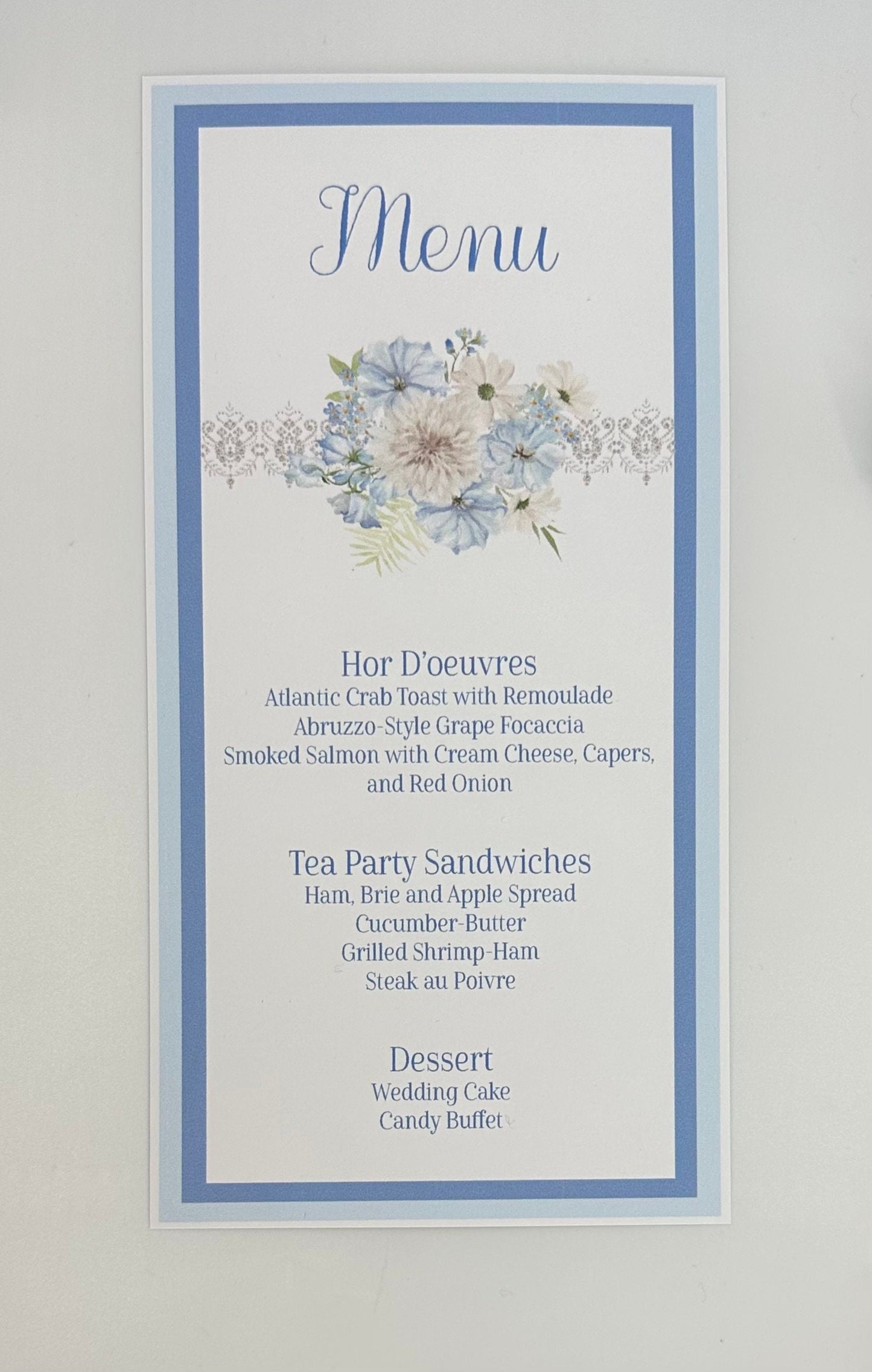 Beau-Tea-Ful Sky Blue Bouquets Tea Party Ensemble Invitation Favor Box Menu Place Card Bridal Baby Shower 80th Birthday Wedding Event plan