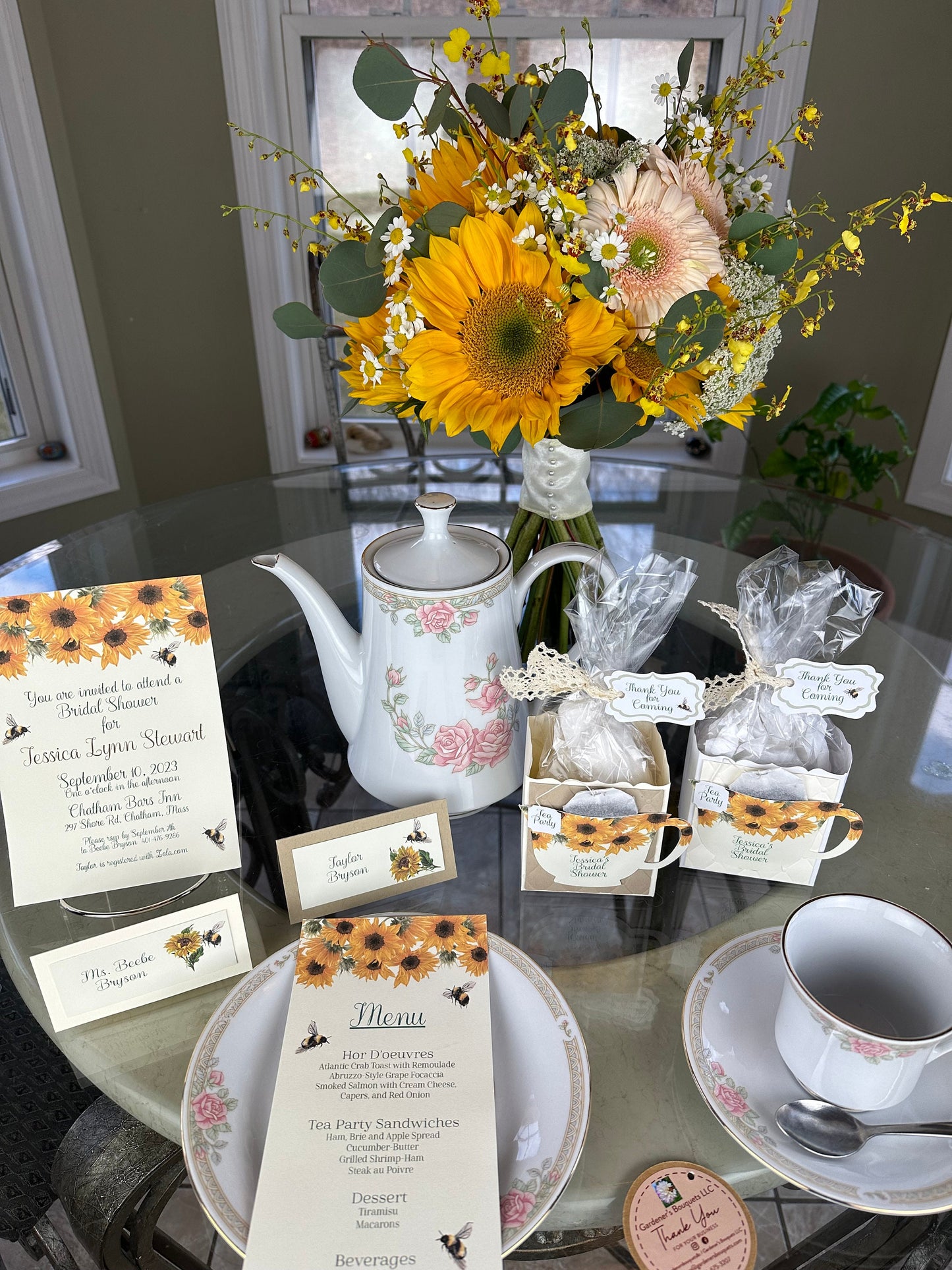 My Bumble Bees Love Sunflowers Tea Party Bridal Shower Ensemble with Invitation Menu different style Party Favor Gift Boxes Bag & Place Card