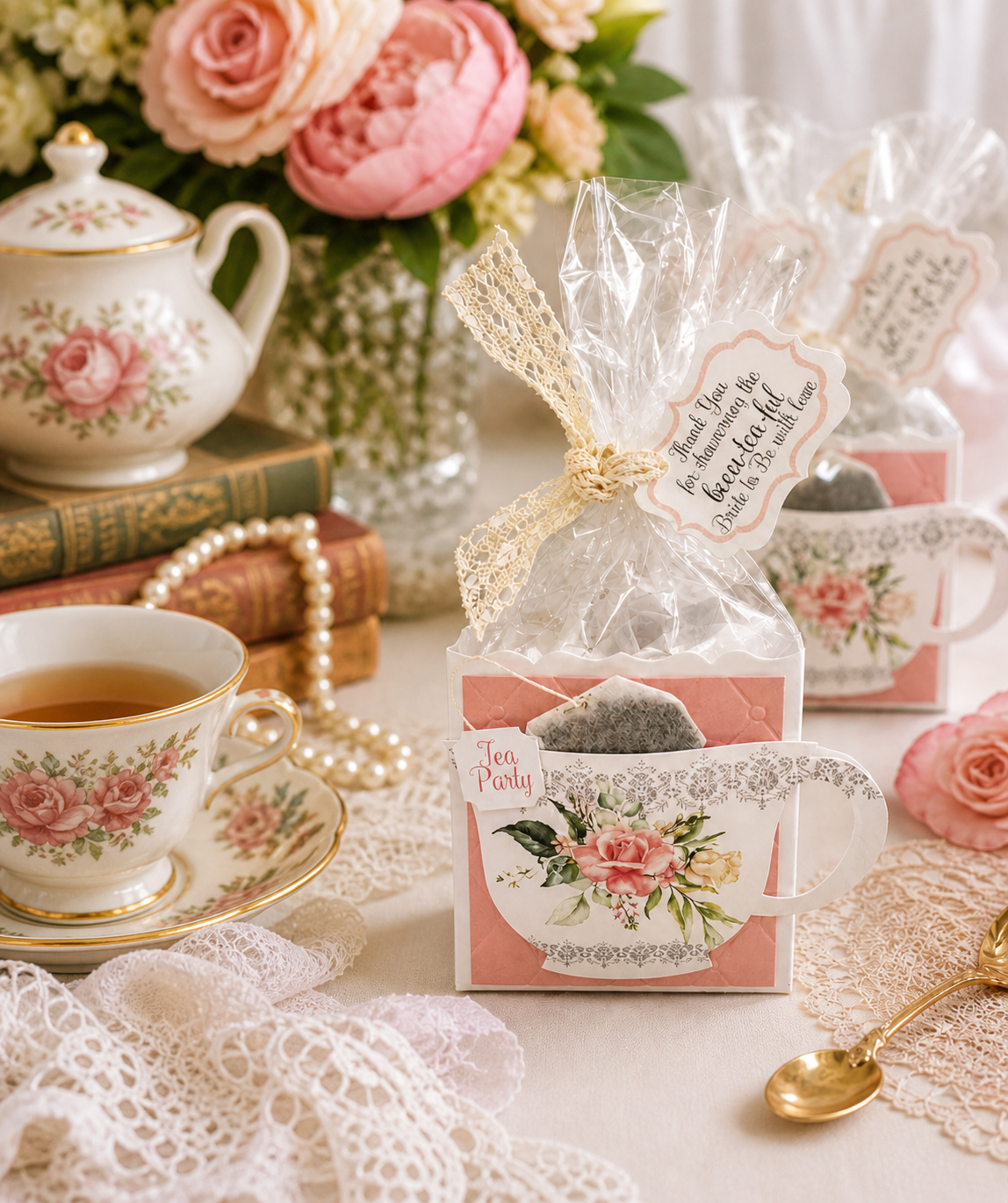 Beau-tea-ful Pink Rose Tea Party Favor Gift Box & Bag for Wedding Bridal Shower Baby Shower Birthday or special event adult