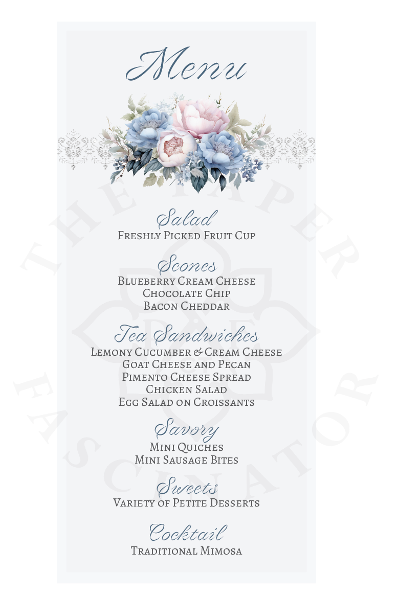 Special Order Victorian Blue Pink Cream Floral Bouquet Menu Card