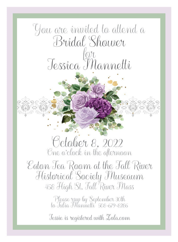 Purple Rose Eucalyptus and Sage Bouquet Wedding Bridal Shower Tea Party Ensemble with Invitation Menu Party Favor Gift Box & Bag Place Card