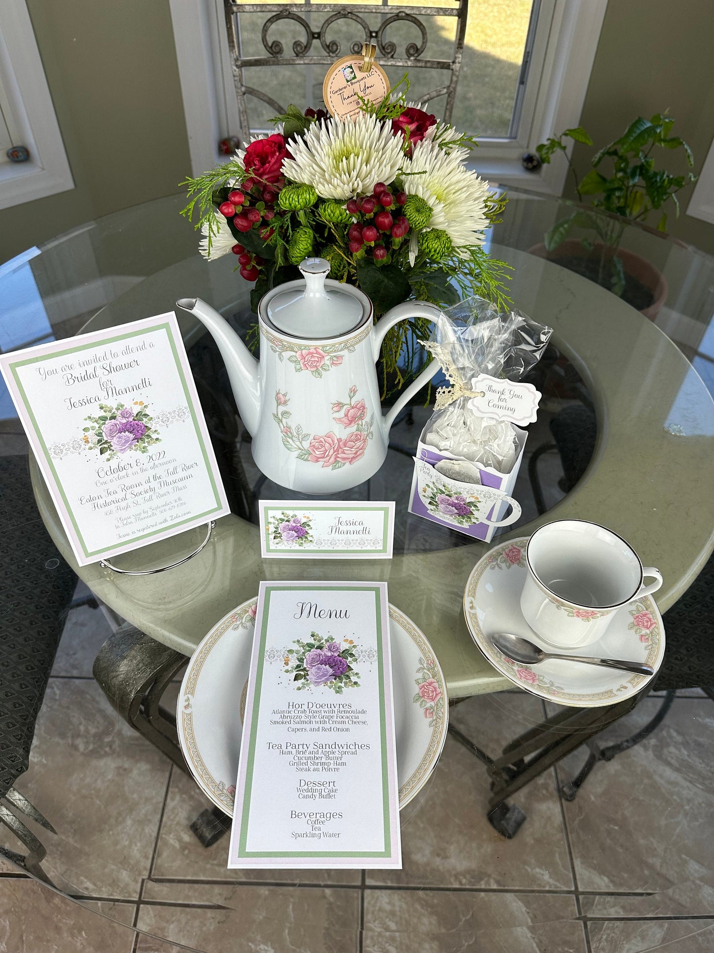 Purple Rose Eucalyptus and Sage Bouquet Wedding Bridal Shower Tea Party Ensemble with Invitation Menu Party Favor Gift Box & Bag Place Card