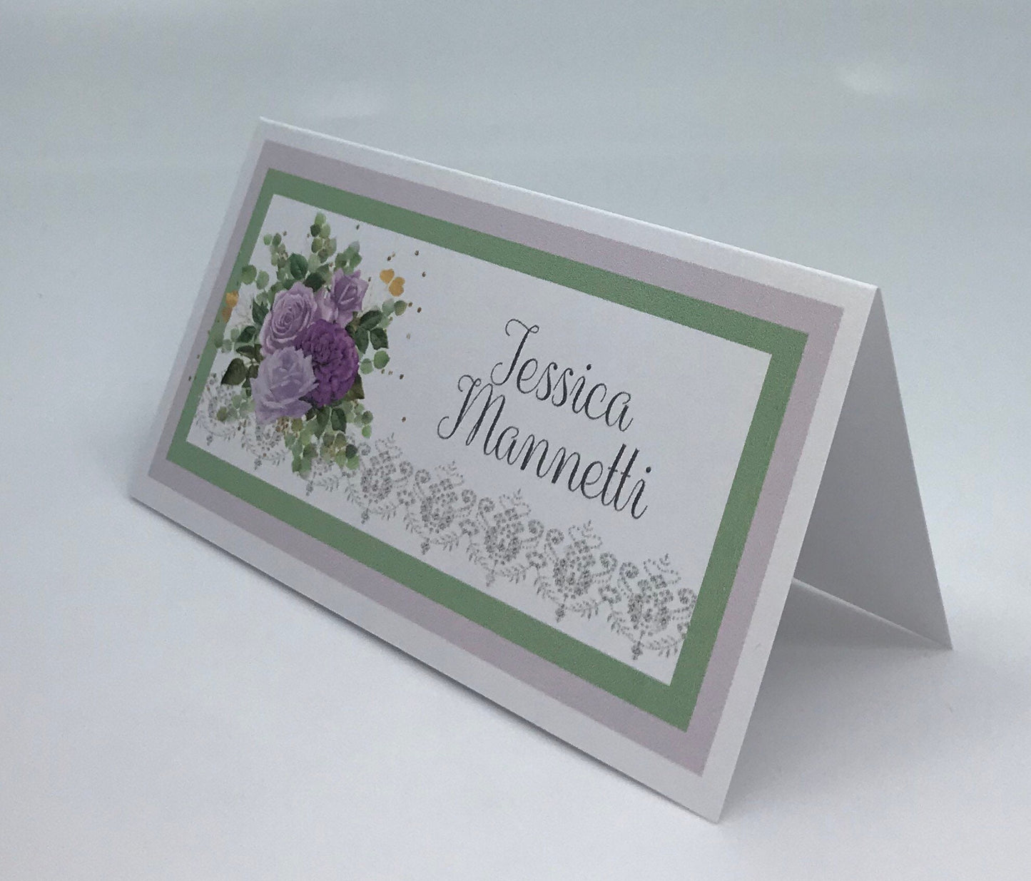 Purple Rose Eucalyptus and Sage Bouquet Wedding Bridal Shower Tea Party Ensemble with Invitation Menu Party Favor Gift Box & Bag Place Card