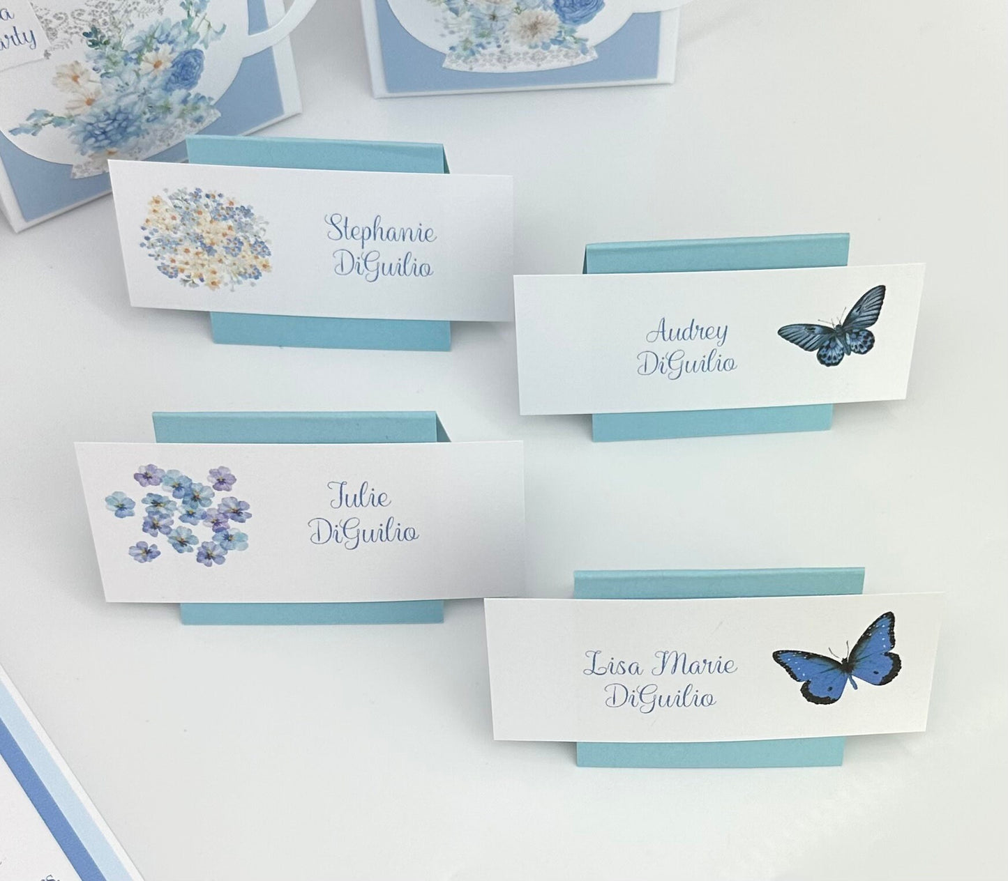 Beau-Tea-Ful Sky Blue Bouquets Tea Party Ensemble Invitation Favor Box Menu Place Card Bridal Baby Shower 80th Birthday Wedding Event plan