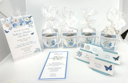 Beau-Tea-Ful Sky Blue Bouquets Tea Party Ensemble Invitation Favor Box Menu Place Card Bridal Baby Shower 80th Birthday Wedding Event plan