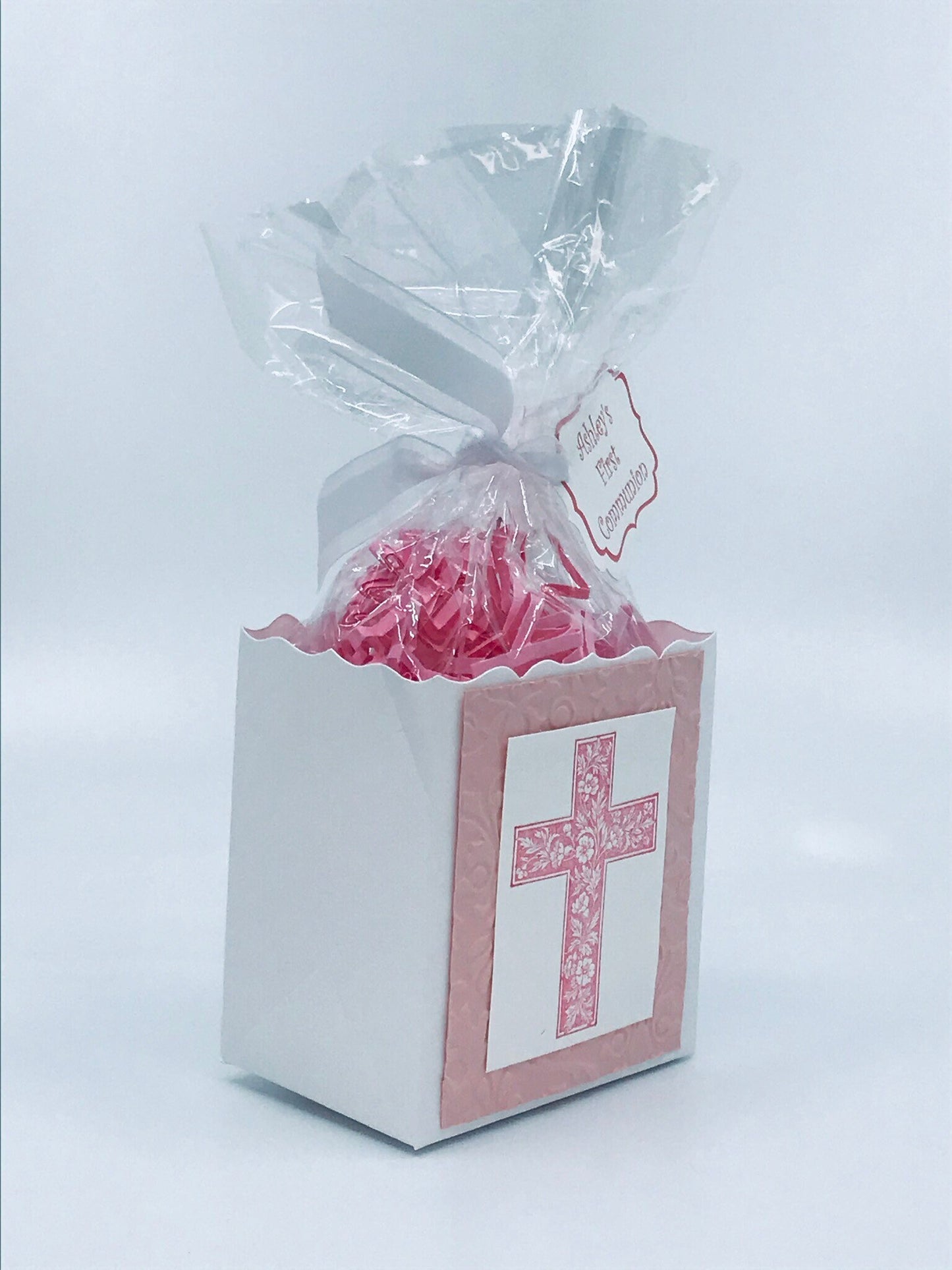 First Communion Party Favors - Pink / Flowers & Vines on Cross to stuff with edibles or small gifts