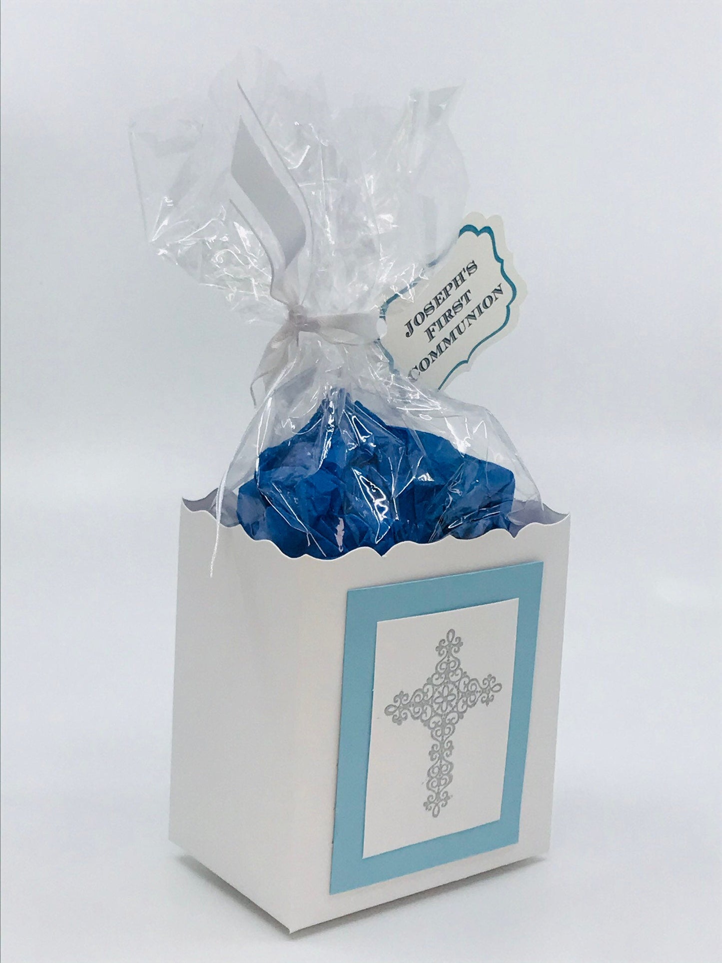First Communion Party Favors - Blue / Silver Heat Embossed Cross to stuff with edibles or small gifts